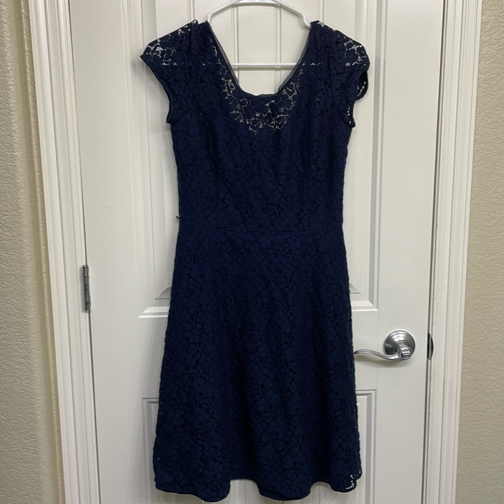 White House Black Market Navy Blue short cap sleeve fit‎ and flare midi d…